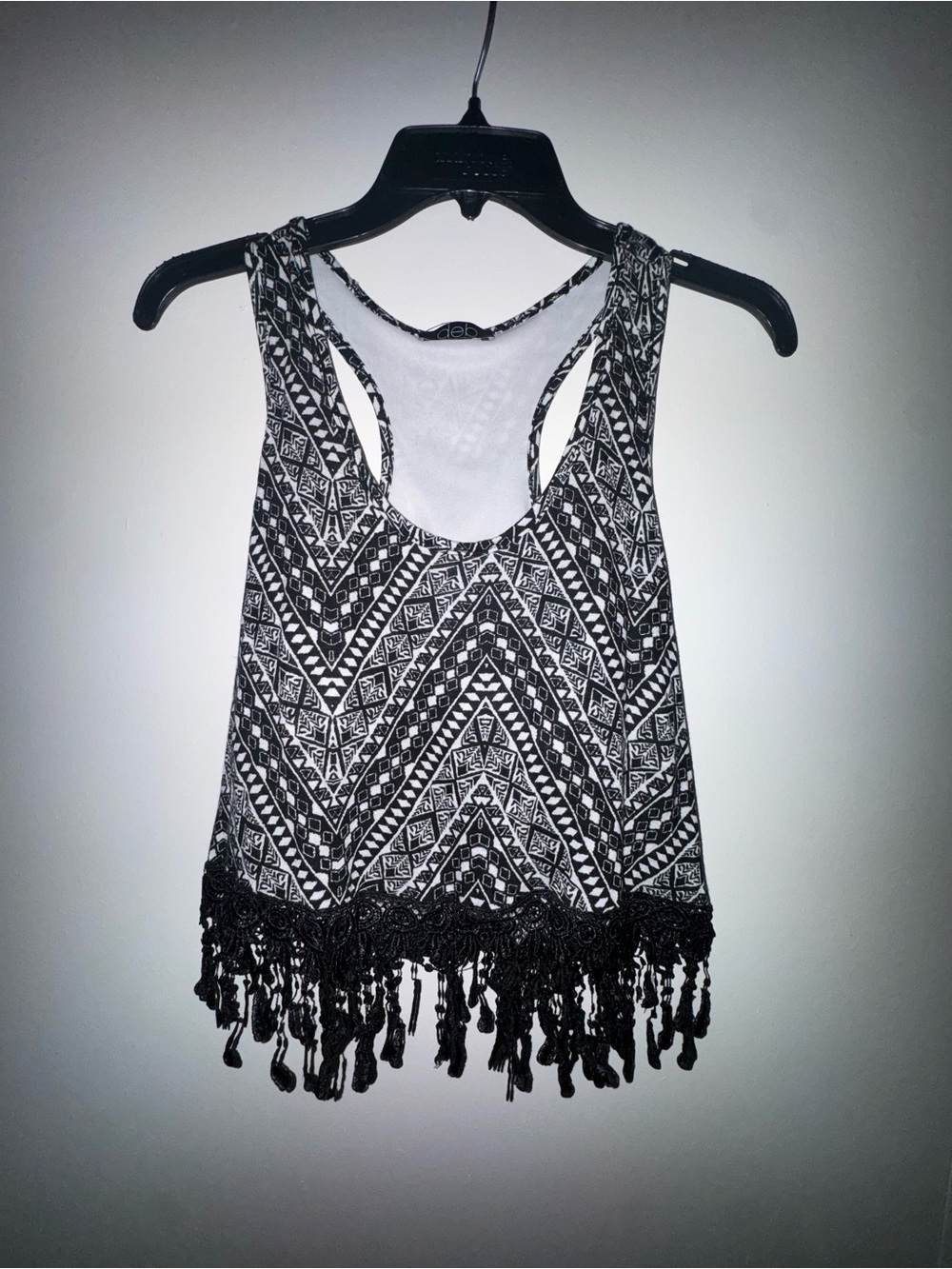 Deb Black & White Geometric Fringe Racerback Tank